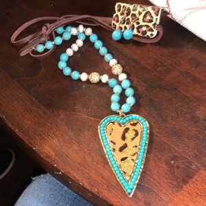 Leopard Heart Pendant Necklace with Turquoise Beads